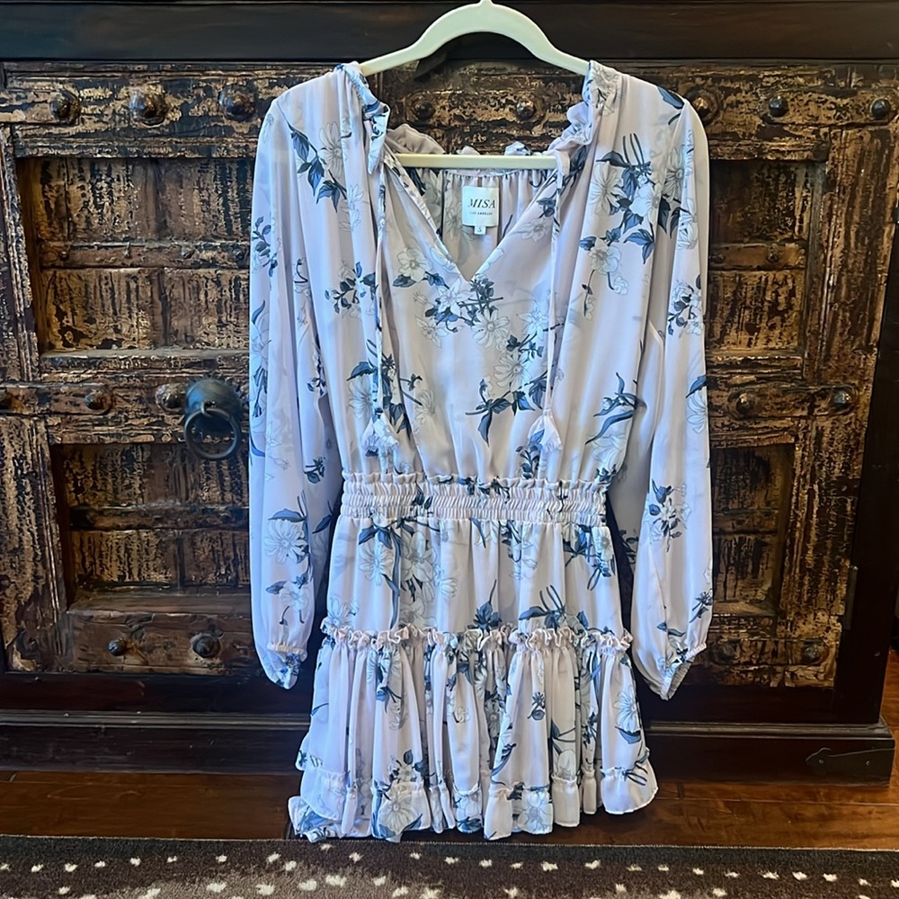 MISA Los Angeles Lorena Split-Neck Printed Chiffon Mini Dress